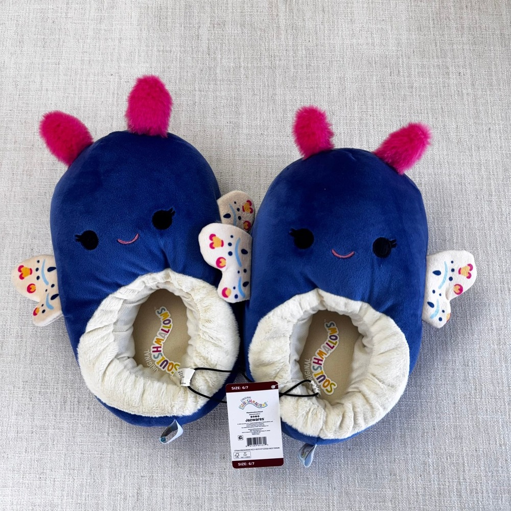 Squishmallows Blue Butterfly‎ Plush Slippers Faux Fur Lined Size 6/7 New